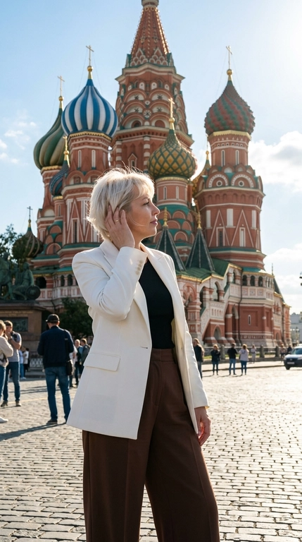 Фотореалистичная атмосферная фотография женщины на фоне Собора Василия Блаженного в Москве. Женщина стоит спиной и боком к камере, корпус развёрнут от объектива, голова повернута в профиль вправо, взгляд направлен вдаль. Одна рука поднята к волосам, пальцы легко касаются прядей у лица.

Волосы слегка развеваются на ветру и подсвечены солнцем.

Макияж soft glam: естественная текстура кожи, мягкий румянец, аккуратные брови, тонкая коричневая стрелка, выразительные ресницы и натуральные пудрово-розовые губы.

На женщине структурированный белый жакет свободного кроя с чёткой линией плеч, надетый поверх лаконичного топа. Низ — широкие брюки глубокого шоколадного оттенка с высокой посадкой и мягкими складками. Образ современный, чистый и более fashion.

Собор Василия Блаженного занимает большую часть заднего плана, хорошо читаются красно-белые фасады и разноцветные купола. Женщина расположена в нижней центральной части кадра, архитектура эффектно возвышается над ней.

Камера находится немного ниже уровня плеч и снимает слегка снизу вверх, подчёркивая масштаб собора. Средний план, женщина показана примерно от бёдер.

Яркий солнечный дневной свет. Солнце находится сбоку и немного сзади, создавая золотистый контровой свет по волосам и плечам, естественные блики и мягкие тени на лице.

Чистое голубое небо, лёгкая летняя дымка, натуральная городская атмосфера, высокая детализация архитектуры, реалистичная текстура кожи и волос, лёгкая плёночная обработка, живой travel-fashion кадр без AI-эффекта.