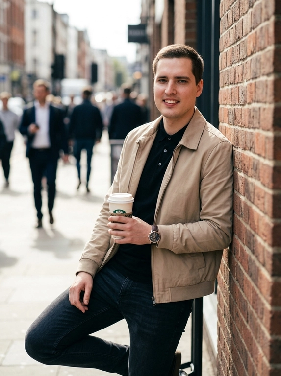 Кинематографический портрет человека в городской обстановке, стоящего у стены и расслабленно опирающегося на неё спиной. Он держит в руке стакан с кофе из "Starbucks" и смотрит в сторону камеры. На запястье стильные часы, на лице тёмные солнцезащитные очки. Естественный городской свет, мягкие тени, атмосферная уличная сцена, фотореализм, высокая детализация, кинематографическая глубина резкости.

Какая будет одежда?: Чёрная поло, зауженные джинсы, куртка бежевая, без очков на лицу