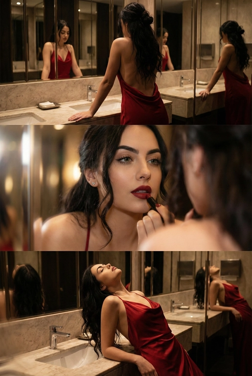 Создай не меняя черты лица. Экстремально реалистичный кинематографичный триптих, как живая серия фотографий из Instagram, снятая в зеркальном туалете дорогого ресторана. Вечер, интимная атмосфера, отражения в зеркалах, приглушённый свет, ощущение роскоши и ускользающего момента. Весь триптих объединён одним образом и единым настроением, с лёгким зерном, как будто кадры сняты в движении, естественно. В верхней части женщина стоит спиной облокотившись на раковину рукой, лицо в тени спина освещена, в отражениях зеркал видна её фигура, на ней одно и то же красное платье с открытой спиной, ткань струится и выглядит дорого, чувственно. Свет мягко скользит по плечам и линии спины, создавая глубокие тени и драматичный силуэт. В средней части экстремально близкий ракурс лица через зеркало, женщина смотрит на своё отражение и поправляет помаду, жест живой и естественный. Лицо частично в фокусе, частично слегка размыто, ощущение движения и дыхания кадра. Пышные ресницы, выразительный взгляд, блики света в зеркале, локоны из пучка падают на лицо, добавляя интимности. В нижней части девушка запрокинула голову и облокотилась о раковину, глаза закрыты, поза расслабленная, уязвимая, словно она на секунду выпала из шумного вечера. Платье то же самое, красное, ткань ловит приглушённый свет, усиливая глубину цвета и теней. Во всех кадрах приглушённое освещение, cinematic lighting, мягкие тени, отражения зеркал, лёгкое зерно и небольшой motion blur без резкой чёткости и глянца. Цвета глубокие, насыщенные, но сдержанные. Общий стиль ультрареализм, кинематографическая эстетика, эффект настоящего Instagram-триптиха, ощущение пойманного момента, живо, чувственно и очень реалистично, как кадры из личного архива.
Не меняй черты лица. Очень длинные изящные волнистые волосы, черного цвета , несколько локонов свободно падают на лицо и шею. 