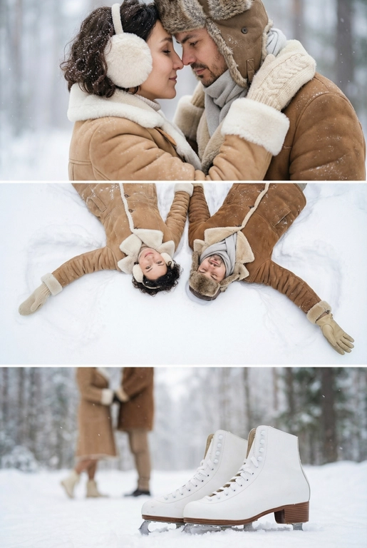   Зимняя фотосессия пары в заснеженном лесу. Мягкий дневной свет, лёгкий снегопад, холодная зимняя дымка. Она —в светло‑коричневой/бежевой дублёнке с видимым меховым воротником и манжетами и пушистых наушниках. Он — в коричневой дублёнке с меховыми манжетами, шапка- ушанка и светло-серый шарф. Атмосфера спокойная, романтичная, натуральный зимний пейзаж без лишнего декора. 

На одежде видны снежные хлопья, вещи выглядят мягкими и тёплыми.

Коллаж из трёх горизонтальных зимних кадров 

На верхней панели: Сверхкрупный план, их лбы/носы соприкасаются в нежном, интимном жесте. Ощущение близости и уюта.

На среднем панели:  Вид сверху на пару, они лежат на спине и делают снежного ангела, раскинутые руки, она в кремовых вязаных варежках, он в бежевых кожаных перчатках.

На нижней панели: Крупный план детали: белые классические фигурные коньки на фоне пары