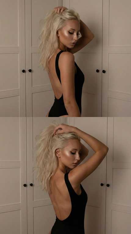   Данное изображение представляет собой вертикальный коллаж из двух фотографий одной и той же молодой женщины, выполненных в едином стиле и обстановке. Снимки пропитаны атмосферой, эстетики и легкого драматизма благодаря приглушенному освещению.

Общий вид и композиция:
Коллаж состоит из двух кадров, расположенных друг над другом. На обоих фото женщина запечатлена в профиль, демонстрируя свою фигуру. Она одета в черное боди или топ с  открытой спиной, что является центральным акцентом композиции. Фон представляет собой минималистичный интерьер в светлых тонах с дверцами шкафа, украшенными небольшими темными ручками.

Верхняя фотография:
•  Поза и ракурс: Женщина стоит боком к камере, через плечо. Её взгляд направлен вниз. Одна рука поднята к голове, пальцы запущены в густые волосы.
•  Лицо и макияж: Лицо освещено мягким, направленным светом. Глаза ярко подчеркнуты лисьими стрелками и длинными выразительными ресницами. Губы полные, естественного оттенка, слегка приоткрыты. Скулы выделены легким контурингом.
•  Волосы: длинные, светлые волосы выглядят объемными и слегка небрежными, что придает образу дикую, естественную красоту.

Нижняя фотография:
•  Поза и ракурс: Поза схожа с верхней, но голова женщины откинута чуть больше назад, а взгляд направлен вниз. Обе руки подняты вверх, приподнимая и поддерживая копну волос. Этот жест подчеркивает линию шеи,  спины и силуэт.
•  Выражение лица: Более задумчивое, и расслабленное по сравнению с первым кадром. Свет падает на лицо так, что подчеркивает прямой нос и линию подбородка.
•  Детали фигуры: Открытая спина демонстрирует гладкую кожу и рельеф лопаток. Черная ткань топа контрастирует со светлым тоном кожи.

Детали интерьера и освещение:
•  Освещение: Свет на обеих фотографиях приглушенный, теплый и направленный, что создает глубокие тени и мягкие блики на коже и волосах («лоу-кей» освещение).
•  Фон: На заднем плане видна белая или светло-серая стена и филенчатые дверцы шкафа. Маленькие черные двойные ручки на дверцах добавляют ритмичности заднему плану, не отвлекая внимания от главной героини.

Общее впечатление:
Фотография выполнена в стиле современных эстетичных портретов. Она сочетает в себе уверенность, женственность и загадочность. Черно-бело-бежевая цветовая гамма создает классический и вневременной образ, акцентируя внимание на формах, текстурах и эмоциях.Высокая детализация текстур кожи и волос. лица-полностью сохранены как на референсном фото.
размер 9:16
