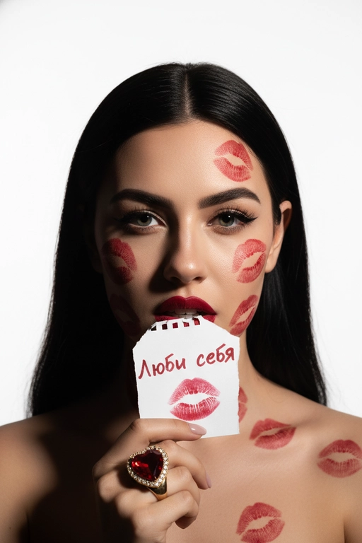   Фотореалистичный портрет крупным планом, кинематографический
вспышка Y2K. Чистый белый фон, драматическое профессиональное верхнее освещение с глубиной и скульптурными тенями. Голова прямо, камера крупным планом на уровне глаз, острый взгляд, томный, томный взгляд. Графичный «лисьий глаз» только во внешних уголках глаз, подчеркнутые ресницы, насыщенная красная помада с более темным контуром.
Она кусает зубами грубо разорванный клочок бумаги, держа его за уголок; на бумаге красной помадой написаны слова
«» и виден отпечаток поцелуя.
Хаотичные следы поцелуев от красной помады на лице, шее, плечах. Золотое кольцо с большим красным сердцем и бриллиантом. Не изменяй черты лица.  На листе бумаги написано "Люби себя"