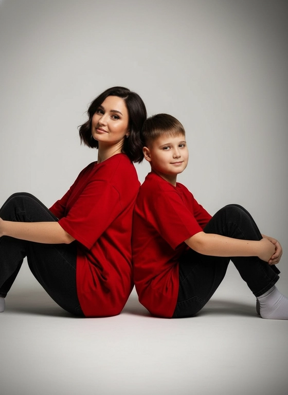 Гипперреалистичная фотография. Качество 8К. Используя портретное сходство с людьми с фотографий , создай фотографию: красивая женщина в красной оверсайз свободной футболке и свободных черных джинсах, белых носках. Мальчик 12 лет одет в красную оверсайз футболку, черные свободные джинсы и белые носочки. Женщина сидит на полу, согнув колени, смотрит прямо в кадр с еле заметной улыбкой. Сзади женщины в такой же позе сидит мальчик облокотившись спиной к спине женщины, с легкой улыбкой . Волосы женщины , уложены в еле заметные волны. темный стиль модного редакционного журнала, глубокие тени и драматическое студийное освещение, белый фон, элегантная и мощная композиция, ультрареалистичный, высокая детализация, художественный портрет.  
Техника и настройки (портретный подход) 
⦁ Объектив: 85 мм для чистого портрета с мягким фоном; можно 50 мм для более интимной передачи. 
⦁ Диафрагма: f/2.8–f/4 для умеренной глубины резкости и отделения фигуры от фона. 
⦁ ISO: 100–400 в зависимости от освещения. 
⦁ Скорость затвора: 1/200–1/320 сек для стабильности кадра. 
⦁ Фокус: на области шеи/плеч или на руках и ткани, чтобы текстуры были читаемы. 
 
Постобработка 
⦁ Цвет и тон: нейтральная теплая палитра кожи; серебристо-холодные оттенки нитей слегка приглушены для контраста. 
⦁ Контраст: умеренный — чтобы подчеркнуть формы и фактуры, не перегибая динамику. 
⦁ Детали: аккуратная коррекция кожи и тканей, сохранение естественных текстур; минимальная ретушь. 
⦁ Эффекты: легкая виньетка для фокусировки внимания на центре кадра и на декоративной поверхности вокруг фигуры.