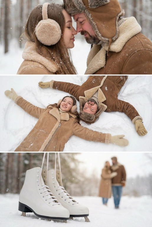   Зимняя фотосессия пары в заснеженном лесу. Мягкий дневной свет, лёгкий снегопад, холодная зимняя дымка. Она —в светло‑коричневой/бежевой дублёнке с видимым меховым воротником и манжетами и пушистых наушниках. Он — в коричневой дублёнке с меховыми манжетами, шапка- ушанка и светло-серый шарф. Атмосфера спокойная, романтичная, натуральный зимний пейзаж без лишнего декора. 

На одежде видны снежные хлопья, вещи выглядят мягкими и тёплыми.

Коллаж из трёх горизонтальных зимних кадров 

На верхней панели: Сверхкрупный план, их лбы/носы соприкасаются в нежном, интимном жесте. Ощущение близости и уюта.

На среднем панели:  Вид сверху на пару, они лежат на спине и делают снежного ангела, раскинутые руки, она в кремовых вязаных варежках, он в бежевых кожаных перчатках.

На нижней панели: Крупный план детали: белые классические фигурные коньки на фоне пары