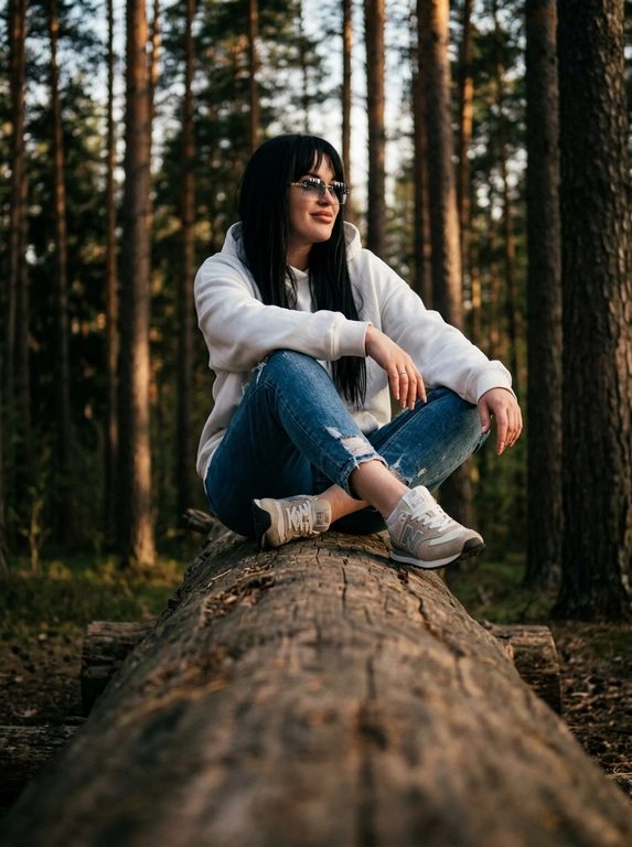 Объектив 35mm, f/1.8, камера расположена очень низко прямо вдоль массивного поваленного дерева, создавая сильную перспективу переднего плана — текстура коры крупно размывается к камере и уводит взгляд к модели. Модель сидит на бревне по-турецки, ноги скрещены перед собой, локти расслабленно опираются на колени, кисти свободно свисают между ног. Корпус слегка подан вперёд, плечи расслаблены, голова повёрнута в сторону, на лице мягкая улыбка без зубов, взгляд направлен вдаль мимо камеры, создавая спокойную уютную атмосферу caught candid moment. На ней белое oversize худи из плотного премиального хлопка с объёмным капюшоном и длинными рукавами, синие свободные джинсы с потёртостями и слегка выцветшей текстурой денима, на ногах белые кроссовки в стиле New Balance с массивной подошвой. На глазах узкие прямоугольные солнцезащитные очки Miu Miu без оправы с серыми зеркальными стёклами. Высокие хвойные деревья вокруг, cinematic forest atmosphere, тёплый вечерний свет проходит сквозь ветви, глубокие тени и мягкие золотисто-коричневые оттенки, moody underexposed fashion photography, intentionally lowered exposure, rich shadows, subtle warm highlights, лёгкая плёночная зернистость, RAW photo, реалистичная текстура кожи, объёмное боке, luxury Pinterest editorial aesthetic.

Какая будет прическа?: Не менять мою прическу