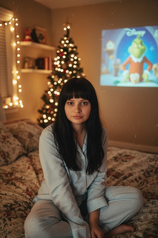Атмосферный портрет человека, сидящий на кровати в уютной комнате. Не меняй черты лица ни на 1%. Человек смотрит в камеру. На человеке хлопковая голубая пижама в белую полоску. 
Теплое освещение от мерцающих гирлянд и рождественской ёлки. На заднем плане - проекция с фильмом или мультфильмом создающая нотку ностальгии.
Кинематографичный кадр, малая глубина резкости, волшебная и уютная атмосфера. Фото в стиле 90-х, ретро -фильтр. Зернистость Мультфильм - Disney "Гринч новогодний".