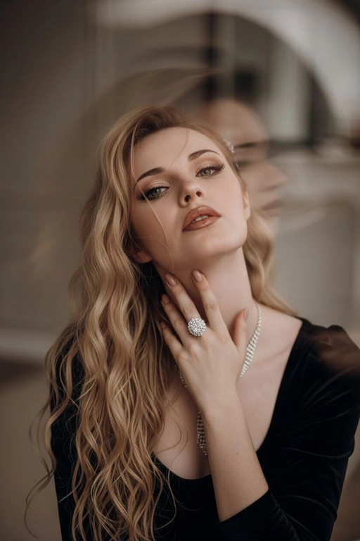 Создайте портрет женщины с длинными, волнистыми, влажными волосами, свободно ниспадающими на плечи, некоторые пряди прилипают к лицу. Она чувственно смотрит в камеру, слегка откинув голову назад, словно наслаждаясь мгновением покоя или чувственности. Её рука нежно лежит на шее, на пальце – эффектное сверкающее кольцо. Плечи опущены. Тёмный, почти однотонный и размытый фон подчёркивает силуэт и лицо женщины. Весь образ мастерски передан с помощью размытия в движении и световых бликов, которые создают ощущение естественного, сказочного движения головы и руки. Мягкие, тёплые тона, лёгкое свечение кожи и губ создают интимную, чувственную и таинственную атмосферу. Эффекты: размытие в движении, художественная длительная выдержка, тёплые тона, атмосфера сновидения. Макияж выразительный: длинные чёрные ресницы, бежевые тени с лёгким мерцанием, выразительные контуры и румяна, безупречная кожа и пухлые губы с нюдовым блеском и тёмно-коричневым карандашом для губ. Ухоженные брови с эффектом Bravenlifting. Длинные, заостренные ногти. Реалистичное фото, как будто снято на профессиональную камеру. Сохраните черты лица такими, какие они есть.