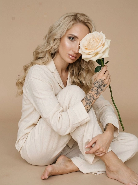 Сохрани внешность человека с исходного фото. Создай студийное фото на котором человек сидит на полу обнимая колени одной рукой. Второй рукой человек держит красивую нежную розу с большим бутоном, бутон цветка закрывает часть её лица. Макияж красивый профессионалный, ровная кожа с естественным сиянием, немного хайлайтера, дымчатые тени, красивые тонкие графичные стрелки, губы в прозрачном блеске. Одежда: светлый хлопковый костюм по типу пижамы, рубашка с длинным рукавом и свободные брюки. Но ноги босые. Фон бежевый, бесшовный и однотонный, фокус на человеке. Естественный свет допустимо лёгкое зерно. Высокое качество фото.

Прическа: Волосы ухоженные уложены крупные волнами.