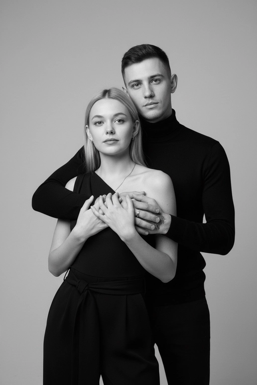 Черно-белый портрет мужчины и женщины в стиле фэшн фотосессии в фотостудии. Не изменяйте лица. Фон нейтральный, однотонный, светло-серый. Атмосфера интимная и спокойная. На переднем плане женщина. Вся композиция выполнена в приглушенной монохромной гамме со студийным освещением, которое подчеркивает текстуру кожи и одежды. Её руки лежат на груди мужчины. Мужчина обнимает женщину сзади, положив свою руку поверх её руки. Она одета в костюм как на фото. Мужчина одет в  черной водолазке.