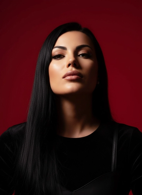 Создай портрет, используя те же черты лица (на основе загруженного фото), характеризующийся резким кинематографическим освещением и интенсивным контрастом. Снятый с немного нижнего ракурса, направленного вверх, что подчеркивает линию подбородка и шеи модели, этот портрет производит впечатление доминантности и скульптурной элегантности. Фон — глубокий, насыщенный малиново-красный, создающий яркий визуальный контраст со сияющей кожей модели и темной одеждой.