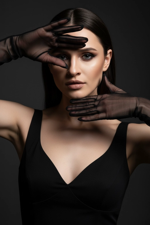 На моей фотографии крупным планом изображена гламурная женщина на темно-сером фоне, в прозрачных чёрных перчатках и чёрном платье. Она позирует, обрамляя лицо руками, отбрасывая на глаза эффектные тени. Яркий макияж глаз с аккуратной подводкой, гладкая и безупречная кожа, кинематографическое освещение, стиль высокой моды, атмосфера таинственности и соблазнительности. 