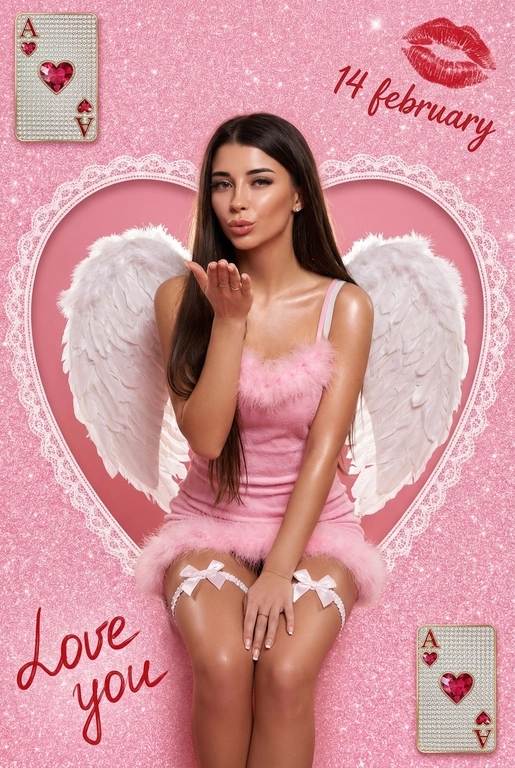 Фотореалистичный вертикальный портрет (2:3) женщины, сидящей внутри выреза в форме сердца с кружевным краем на сверкающем розовом глиттерном фоне. На ней розовое пушистое мини-платье с перьевой отделкой и тонкими бретелями, белые гартеры на бедрах с маленькими атласными бантиками, большие белые ангельские крылья из перьев, она нежно посылает воздушный поцелуй одной рукой. Тёплый студийный свет софтбокса с лёгким контровым светом, гламурная редакционная ретушь, мягкая кожа, лёгкий блеск на плечах, малая глубина резкости, насыщенные яркие розовые оттенки, высокая детализация, кинематографичный вид. Добавить декоративные элементы ко Дню святого Валентина вокруг сердца: рукописная красная надпись “Love you” внизу слева, красный отпечаток поцелуя помадой и надпись “14 february” вверху справа, инкрустированная драгоценностями игральная карта «A» с мотивами сердца и бубны в противоположных углах. Без лишних людей, чистая композиция. Не изменять мою прическу
