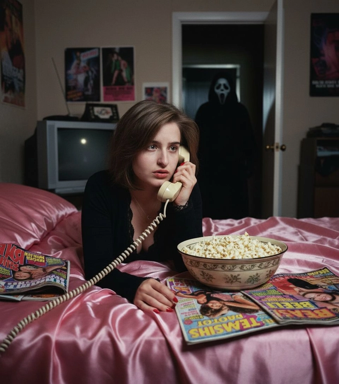 Сделай фото не искажая лица - оно должно оставаться такими же, как на приерепленной фотографии, эстетика Y2K, сцена из фильма "Крик" 90-х. Персона лежит на кровати, застеленной атласными простынями розового цвета. Персона прижимает к уху старинный стационарный телефон кремового цвета со смотанным шнуром. Рядом с ней стоит миска, наполненная попкорном, и несколько разбросанных подростковых журналов 90-х годов. На заднем плане, в темном дверном проеме коридора, в тени скрывается зловещая фигура Ghostface, его маска частично скрыта, он наблюдает за ней.