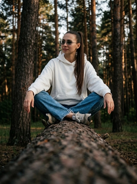Объектив 35mm, f/1.8, камера расположена очень низко прямо вдоль массивного поваленного дерева, создавая сильную перспективу переднего плана — текстура коры крупно размывается к камере и уводит взгляд к модели. Модель сидит на бревне по-турецки, ноги скрещены перед собой, локти расслабленно опираются на колени, кисти свободно свисают между ног. Корпус слегка подан вперёд, плечи расслаблены, голова повёрнута в сторону, на лице мягкая улыбка без зубов, взгляд направлен вдаль мимо камеры, создавая спокойную уютную атмосферу caught candid moment. На ней белое oversize худи из плотного премиального хлопка с объёмным капюшоном и длинными рукавами, синие свободные джинсы с потёртостями и слегка выцветшей текстурой денима, на ногах белые кроссовки в стиле New Balance с массивной подошвой. На глазах узкие прямоугольные солнцезащитные очки Miu Miu без оправы с серыми зеркальными стёклами. Высокие хвойные деревья вокруг, cinematic forest atmosphere, тёплый вечерний свет проходит сквозь ветви, глубокие тени и мягкие золотисто-коричневые оттенки, moody underexposed fashion photography, intentionally lowered exposure, rich shadows, subtle warm highlights, лёгкая плёночная зернистость, RAW photo, реалистичная текстура кожи, объёмное боке, luxury Pinterest editorial aesthetic.

Какая будет прическа?: Волосы собраны в высокий хвост