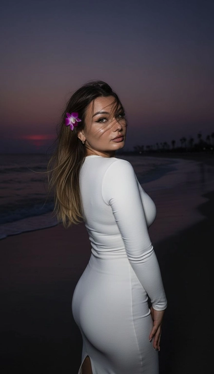 Сделай фото, будто я на пляже, где темно, но кто-то сфотографировал меня со вспышкой, и мое лицо немного блестит и светится, заднем плане закат, как будто солнце село на 98%, оставив фиолетовый оттенок, и само по себе почти темно. Фото сделано из-за моей спины, как будто  мне сказали, повернуться. Я в белом облегающем платье с цветком, заправленным в волосы. Волосы должны развеваться так, как будто дует слегка ветер.