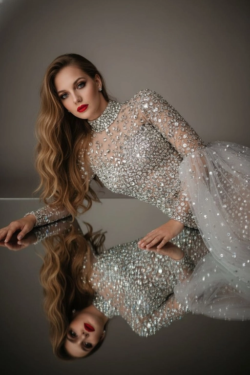 Это изысканный портрет женщины, лежащей боком на зеркальной поверхности, создавая идеальное отражение всего ее тела. На ней элегантное, облегающее платье от кутюр, полностью расшитое серебряными стразами, кристаллами и сверкающими деталями, которые роскошно ловят свет. Платье имеет длинные рукава, высокий ворот и струящийся шлейф из прозрачного тюля, усыпанного стразами на юбке, источающий гламур и изысканность. У нее длинные, волнистые волосы, которые нежно падают на ее плечи. Ее макияж безупречен с яркими темными smoky eyes и черной подводкой для глаз, длинными, объемными ресницами, безупречной кожей и пухлыми губами с изысканной, яркой красной помадой. На ней сдержанные, но элегантные серьги, дополняющие гламурный образ. Сцена драматически освещена темной виньеткой, подчеркивающей блеск платья и контраст между ее телом и отражением в зеркале. Минималистичный фон в нейтральных тонах ещё больше подчёркивает харизму модели и богатство деталей наряда. Общая атмосфера создаёт ощущение роскоши, элегантности и изысканности, отражая моду и высокую моду. Сохранены те же черты лица без каких-либо изменений, тот же тон кожи и цвет волос. Качественный маникюр, профессиональное студийное качество изображения.