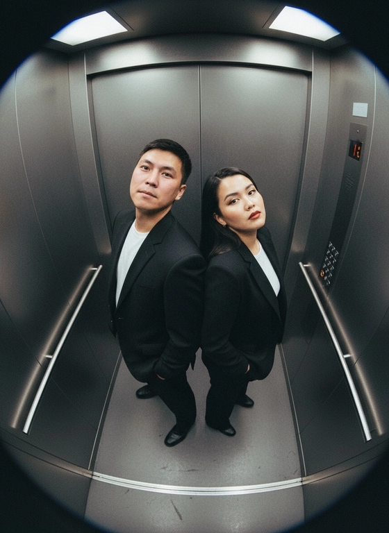 Используй предоставленные изображения и создай фото с двумя людьми в лифте с металлическими стенами. Цветовая гамма с преообладанием серых металлических оттенков. Кадр снят с максимально верхнего ракурса, люди будто заглядывают в камеру, их головы подняты наверх, взгляд в камеру. Легкий эффект fish eye. Реалистичное фото. Зернистость пленочного фото, насыщенные цвета, стиль фото y2k. Сохрани черты лица людей. Они стоят спиной друг к другу. Руки в карманах. Одеты в классические чёрные брючные костюмы, и белые футболки. У женщины красная помада