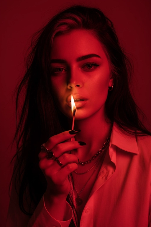 Используйте черты лица, как на прилагаемой фотографии.
смелый, кинематографичный портрет женщины, залитой темно-красным светом, которая подносит к губам зажженную спичку. Теплый отблеск пламени подчеркивает ее блестящие губы и создает эффектный отблеск на коже.
ее выражение ее лица напряженное и пленительное, обрамленное взъерошенными волосами, которые свободно ниспадают на лицо. На ней светлая рубашка и многослойные украшения, в том числе металлическая цепочка и крупные кольца. На ее длинных черных ногтях отражаются едва заметные блики света, усиливая мрачную, чувственную атмосферу. Красный фон и сдержанные тени придают глубину и визуальное напряжение, создавая эффектный образ в редакционном стиле.

Настройки камеры: iso 400, диафрагма f/2.0, выдержка затвора 1/160 сек, объектив 85 мм, ручная фокусировка, баланс белого 2800k, коррекция экспозиции -0,3 ev, подсветка одиночным пламенем с красной заливкой, минимальная зернистость, кинематографическое высококонтрастное освещение с плавными тональными переходами.