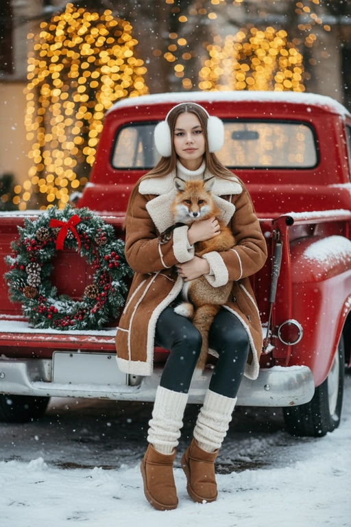 Портрет молодой женщины, сидящей на кузове винтажного красного грузовика. Девушка держит на руках животное. На ней коричневая дубленка с белой окантовкой из овчины по воротнику, манжетам и карманам, под дубленкой белый свитер с горловиной, черные лосины тканевые без блеска, на ногах укороченные, высотой до щиколоток коричнево-бежевые угги на платформе и кремовые гетры до середины икр, выглядывающие из уггов. 
Девушка смотрит в камеру, на ее лице легкая улыбка. 

На грузовике — праздничный рождественский венок. На земле лежит снег.

Мягкий снег падает. Атмосфера — реалистичная, теплая и немного кинематографичная. Сияющие рождественские огоньки и украшения создают яркую теплую атмосферу. Разрешение 8K, акцент на текстуру одежды, снег и сверкающие огоньки на заднем фоне. —ar 3:4 —v.

Не меняй черты лица.  На голове девушки белые зимние меховые наушники. Держит на руках рыжую лису