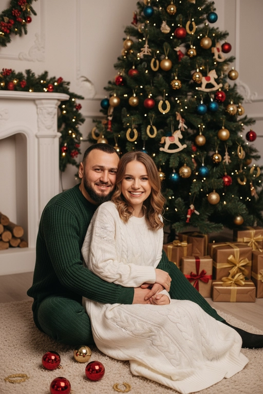 Используй предоставленные изображения и создай фото из домашней новогодней фотосессии. Не меняйте черты лица. . В кадре мужчина и женщина, они сидят на полу в обнимку, улыбаются и смотрят в камеру. Мужчина обнимает женщину сзади за талию. На женщине надето вязаное длинное платье с длинными рукавами. На мужчине вязаный свитера и штаны. На заднем плане стоит наряженная елка с игрушечными шарами, игрушечными лошадками, игрушечными подковами. Под елкой разложены подарочные коробки, перевязанные золотыми лентами. Рядом с парой лежат несколько елочных игрушек как на елке. Фотография выполнена в теплой цветовой гамме. Атмосфера уютная и праздничная. цвет платья девушки- белый, цвет свитера и штанов мужчины - зеленый
Черты лица точно такие же