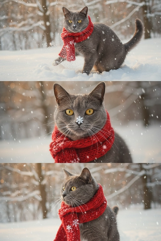     Коллаж из 3-Х фото моего питомца на зимнем фоне в снегу. Питомец в вязаном шарфе, вокруг падает снег, на заднем плане заснеженный лес.

Первый кадр — питомец в полный рост. Он играется со снегом 

Второй кадр — крупный план, увеличенный кадр мордочки питомца с одной снежинкой на носике. Мордочка питомца занимает весь кадр, взгляд прямо в камеру 
 
Третий кадр - портрет питомца, он смотрит в левую сторону. На фото виден шарф, на шарфу есть снежинки 

Три кадра объединены в вертикальный коллаж в едином тоне и свете. Атмосфера — реалистичная, теплая и немного кинематографичная.
Свет мягкий, утренний.  Цвет шарфа - красный 