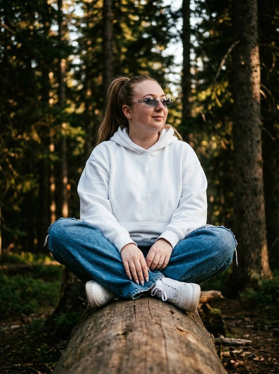 Объектив 35mm, f/1.8, камера расположена очень низко прямо вдоль массивного поваленного дерева, создавая сильную перспективу переднего плана — текстура коры крупно размывается к камере и уводит взгляд к модели. Модель сидит на бревне по-турецки, ноги скрещены перед собой, локти расслабленно опираются на колени, кисти свободно свисают между ног. Корпус слегка подан вперёд, плечи расслаблены, голова повёрнута в сторону, на лице мягкая улыбка без зубов, взгляд направлен вдаль мимо камеры, создавая спокойную уютную атмосферу caught candid moment. На ней белое oversize худи из плотного премиального хлопка с объёмным капюшоном и длинными рукавами, синие свободные джинсы с потёртостями и слегка выцветшей текстурой денима, на ногах белые кроссовки в стиле New Balance с массивной подошвой. На глазах узкие прямоугольные солнцезащитные очки Miu Miu без оправы с серыми зеркальными стёклами. Высокие хвойные деревья вокруг, cinematic forest atmosphere, тёплый вечерний свет проходит сквозь ветви, глубокие тени и мягкие золотисто-коричневые оттенки, moody underexposed fashion photography, intentionally lowered exposure, rich shadows, subtle warm highlights, лёгкая плёночная зернистость, RAW photo, реалистичная текстура кожи, объёмное боке, luxury Pinterest editorial aesthetic.

Какая будет прическа?: Волосы собраны в высокий хвост
