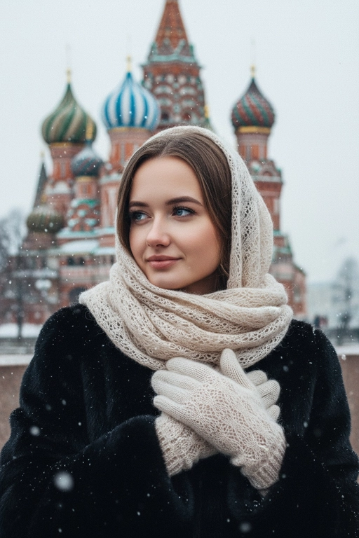 Не изменяйте черты лица. На фотографии портрет груди девушки. На ней чёрная шуба, плечи, голова и грудь обернуты светлым кружевным мохеровым шарфом. На ней также варежки из того же материала. Одна её рука касается другой, а ладони скрещены и мягко лежат на груди. Лицо девушки обращено к камере, взгляд направлен влево. На ней лёгкая задумчивая улыбка, ресницы густо накрашены. Фон — зимний, со снегом и собором Василия Блаженного в Москве. Фон сильно размыт. Идет снег. Легкий эффект холодной зернистости.