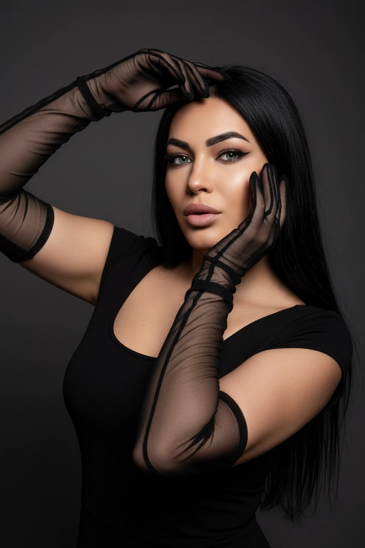 На моей фотографии крупным планом изображена гламурная женщина на темно-сером фоне, в прозрачных чёрных перчатках и чёрном платье. Она позирует, обрамляя лицо руками, отбрасывая на глаза эффектные тени. Яркий макияж глаз с аккуратной подводкой, гладкая и безупречная кожа, кинематографическое освещение, стиль высокой моды, атмосфера таинственности и соблазнительности. 