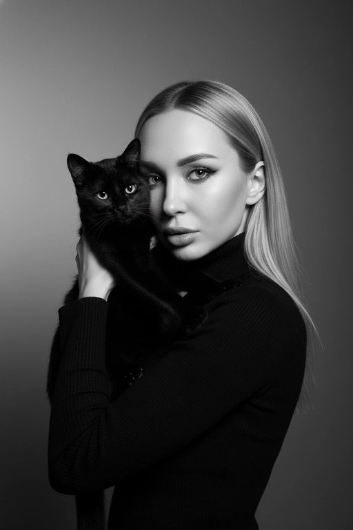 Высококонтрастный черно-белый портрет женщины в черной водолазке, держащей чёрную кошку у лица. Композиция напряжённая и интимная: оба персонажа смотрят прямо в камеру с одинаковой интенсивностью. Яркое и направленное освещение создаёт глубокие тени и подчёркивает контраст между их бледной кожей и тёмной шерстью кошки. Выражение её лица спокойное и уверенное, глаза подведены чётко, а гладкие прямые волосы естественно ниспадают на одно плечо. Фон - градиент от серого к темно-серому. Общее настроение таинственное, элегантное и кинематографичное, напоминающее портрет из модного журнала с готическим подтекстом.