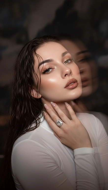 Создайте портрет женщины с длинными, волнистыми, влажными волосами, свободно ниспадающими на плечи, некоторые пряди прилипают к лицу. Она чувственно смотрит в камеру, слегка откинув голову назад, словно наслаждаясь мгновением покоя или чувственности. Её рука нежно лежит на шее, на пальце – эффектное сверкающее кольцо. Плечи опущены. Тёмный, почти однотонный и размытый фон подчёркивает силуэт и лицо женщины. Весь образ мастерски передан с помощью размытия в движении и световых бликов, которые создают ощущение естественного, сказочного движения головы и руки. Мягкие, тёплые тона, лёгкое свечение кожи и губ создают интимную, чувственную и таинственную атмосферу. Эффекты: размытие в движении, художественная длительная выдержка, тёплые тона, атмосфера сновидения. Макияж выразительный: длинные чёрные ресницы, бежевые тени с лёгким мерцанием, выразительные контуры и румяна, безупречная кожа и пухлые губы с нюдовым блеском и тёмно-коричневым карандашом для губ. Ухоженные брови с эффектом Bravenlifting. Длинные, заостренные ногти. Реалистичное фото, как будто снято на профессиональную камеру. Сохраните черты лица такими, какие они есть.