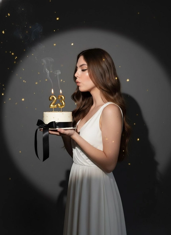 Фотореалистичный портрет женщины с точно таким же лицом, чертами, выражением и цветом волос, как на исходной фотографии - ничего не изменять. Атмосфера - день рождения: мягкий блеск свечи отражается на её лице, в воздухе лёгкие золотистые блёстки, создающие праздничное сияние. Фон темно-серый. Освещение студийное, контрастное, с кругом света на фоне, создающим выразительную тень. Волосы - волнистые, мягко подсвечены. Она немного стоит полубоком. Женщина держит в руках маленький праздничный торт, украшенным чёрными лентами и изящной цифрой из золотых свечей; Она сдувает свечу. Она одета в белое платье без рукавов. Свечки в виде цифр 23.