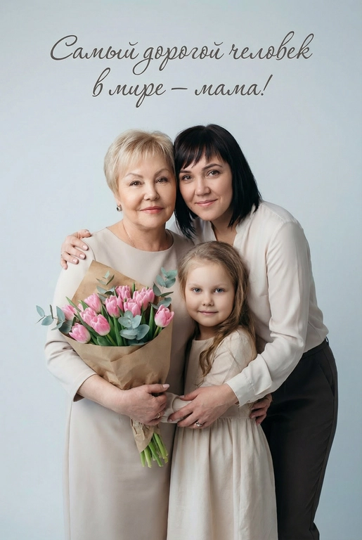 Создай трогательный кадр из профессиональной фотосессии в студии, где запечатлен момент близости матери и ее ребенка/детей. Дети могут быть как взрослыми так и детьми, в зависимости от предоставленных фото. Сделай так, чтобы все они смотрелись гармонично и трогательно. Мама одета в светлое платье. Ее дети/ребенок одеты в подходящую по стилю фотосессии. Освещение холодное. Фон светлый, бесшовный. Фото в стиле Энни Лейбовиц, четкий фокус. У мамы в руках букет розовых тюльпанов и эвкалипта в крафтовой бумаге. Люди смотрят в камеру с мягкой улыбкой. Наверху поверх фото красивым рукописным шрифтом с завитками написано:  Самый дорогой человек в мире – мама!