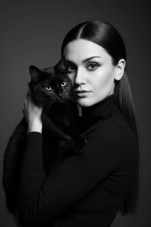 Высококонтрастный черно-белый портрет женщины в черной водолазке, держащей чёрную кошку у лица. Композиция напряжённая и интимная: оба персонажа смотрят прямо в камеру с одинаковой интенсивностью. Яркое и направленное освещение создаёт глубокие тени и подчёркивает контраст между их бледной кожей и тёмной шерстью кошки. Выражение её лица спокойное и уверенное, глаза подведены чётко, а гладкие прямые волосы естественно ниспадают на одно плечо. Фон - градиент от серого к темно-серому. Общее настроение таинственное, элегантное и кинематографичное, напоминающее портрет из модного журнала с готическим подтекстом.