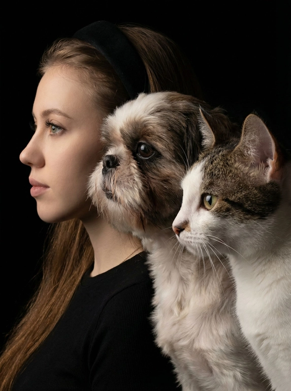 Профессиональный студийный портрет с низким контрастным светом. Головы расположены строго в одну линию. боковой профиль, взгляд влево. У всех видны только головы и немного плечи. Головы занимают весь кадр. Черный фон. Черная одежда у всех. Расположи их по убыванию возраста.