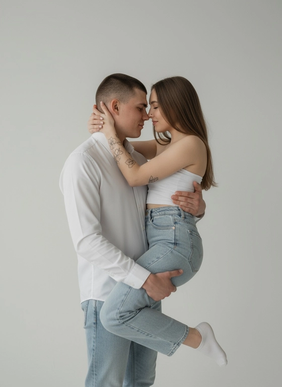 Нежная пара в белом на светлом студийном фоне