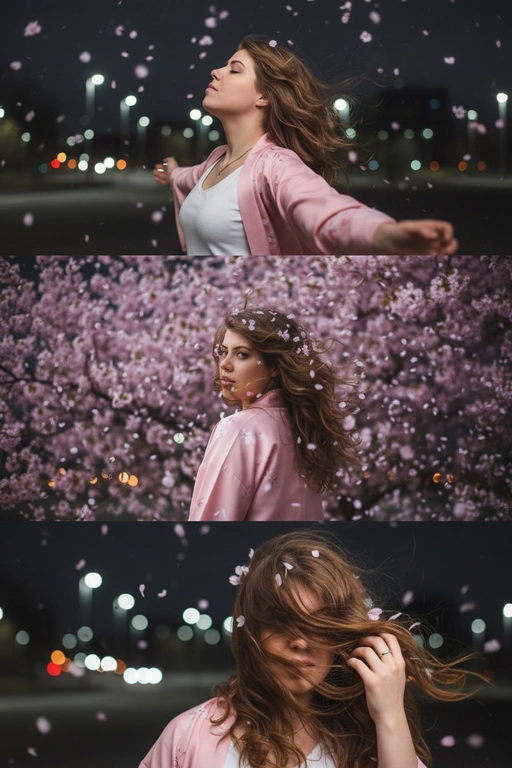 Не меняй черты лица, оставь их точь в точь как на загруженном фото. Фото в стиле триптиха, на котором изображена женщина в ночном городе.

На верхней панели изображена женщина по грудь, в профиль, расположенная в правой части кадра. Она запрокинула голову назад и закрыв глаза будто смотрит в небо разведя руки в стороны. Ее волосы развеваются на ветру закрывая лицо. На заднем плане ночной город полный ярких фонарей, где спокойно и нет людей, в небе развиваются от ветра листья сакуры . 

На средней панели изображена всё та же женщина со спины, смотрящая в кадр. На фоне все усыпано лепестками сакуры и они почти полностью перекрывают ночной город. Её волосы сильно развеваются на ветру в них запутались лепестки сакуры . 

На заднем плане нижней панели, крупным планом, изображено лицо всё той же женщины, частично скрытое развевающимися на ветру волосами в них немного лепестков сакуры, которая смотрит прямо на зрителя. Правой рукой она придерживает волосы, демонстрируя белое обручальное кольцо. 

Ночной Город и небо создают нейтральный, угрюмый фон для фотографии в натуралистическом стиле и при мягком освещении. Использовать лицо с фото на 100% , не изменяя черты лица. На девушке - белый топ и нежно-розовое хаори в японском стиле.Не искажать лицо