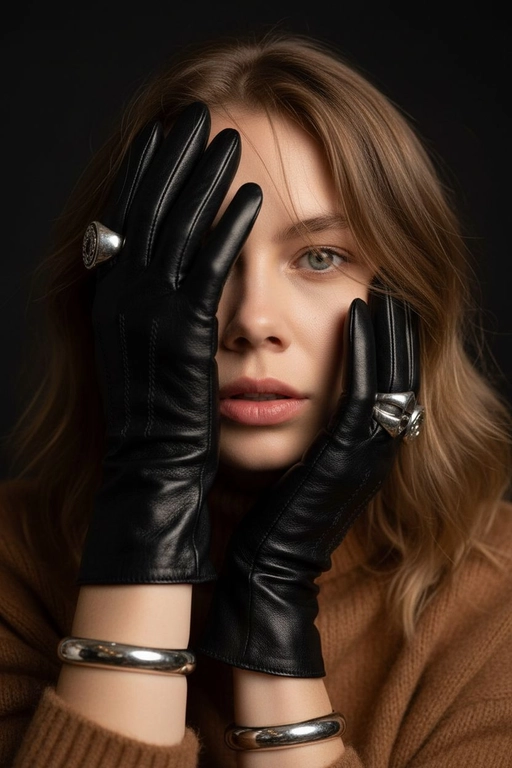 Модный портрет женщины, крупным планом,  в черных кожаных перчатках, они хаотично расположены на ее лице, частично заслоняя его. Перчатки создают интригующую композицию: одна рука закрывает часть лица, а другая лежит на противоположной стороне, тонко обрамляя нежные черты модели. Губы женщины видны, слегка приоткрыты, глаза открыты, голова слегка наклонена вперед. Несколько прядей волос свободно падают на ее лицо, добавляя ощущение движения. Текстура кожи очень детализирована, демонстрируя поры ее лица. Перчатки блестящие и плотно прилегающие, с тонкими, замысловатыми деталями. Серебрянные массивные кольца видны на пальцах, усиливая ощущение роскоши, а серебрянные браслеты обхватывают запястья. Мягкое, но драматичное освещение подчеркивает текстуру перчаток и кожи, создавая поразительный контраст на темном, мрачном фоне. Общая атмосфера интимная, элегантная и изысканная.
