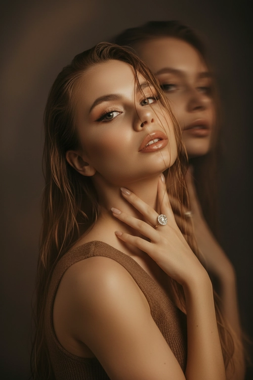 Создайте портрет женщины с длинными, волнистыми, влажными волосами, свободно ниспадающими на плечи, некоторые пряди прилипают к лицу. Она чувственно смотрит в камеру, слегка откинув голову назад, словно наслаждаясь мгновением покоя или чувственности. Её рука нежно лежит на шее, на пальце – эффектное сверкающее кольцо. Плечи опущены. Тёмный, почти однотонный и размытый фон подчёркивает силуэт и лицо женщины. Весь образ мастерски передан с помощью размытия в движении и световых бликов, которые создают ощущение естественного, сказочного движения головы и руки. Мягкие, тёплые тона, лёгкое свечение кожи и губ создают интимную, чувственную и таинственную атмосферу. Эффекты: размытие в движении, художественная длительная выдержка, тёплые тона, атмосфера сновидения. Макияж выразительный: длинные чёрные ресницы, бежевые тени с лёгким мерцанием, выразительные контуры и румяна, безупречная кожа и пухлые губы с нюдовым блеском и тёмно-коричневым карандашом для губ. Ухоженные брови с эффектом Bravenlifting. Длинные, заостренные ногти. Реалистичное фото, как будто снято на профессиональную камеру. Сохраните черты лица такими, какие они есть.