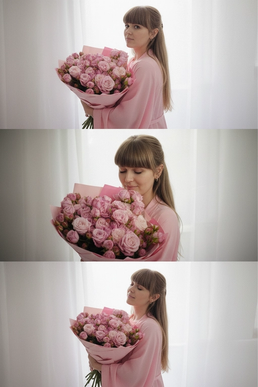 Не меняй черты лица, оставь их точь в точь как на загруженном фото, в том числе макияж и волосы.
Композиция из триптиха изображает женщину дома с цветами
На ней свободная пижама кимоно в пол нежно розового цвета.

На верхнем кадре портрет крупным планом, женщина смотрит в камеру лицо боком в руках у неё огромный букет. На заднем плане светлая стена размыты.

На центральном кадре сверхкрупный план, та же девушка, ее голова слегка наклоненная вперед, она принюхивается к букету, ее глаза закрыты, на лице легкая улыбка.  Кадр снятый с очень близкого расстояния, видно только часть огромного букета и лица  

На нижнем кадре портрет крупным планом изображена всё та же женщина, голова запрокинута вверх глаза закрыты, прижимает все тот же огромный букет к груди

Цветовая палитра приглушена, с нежными розовым, белым
Общий стиль наводит на романтику. Присутствует видимая зернистость.  Букет цветов - разные цветы