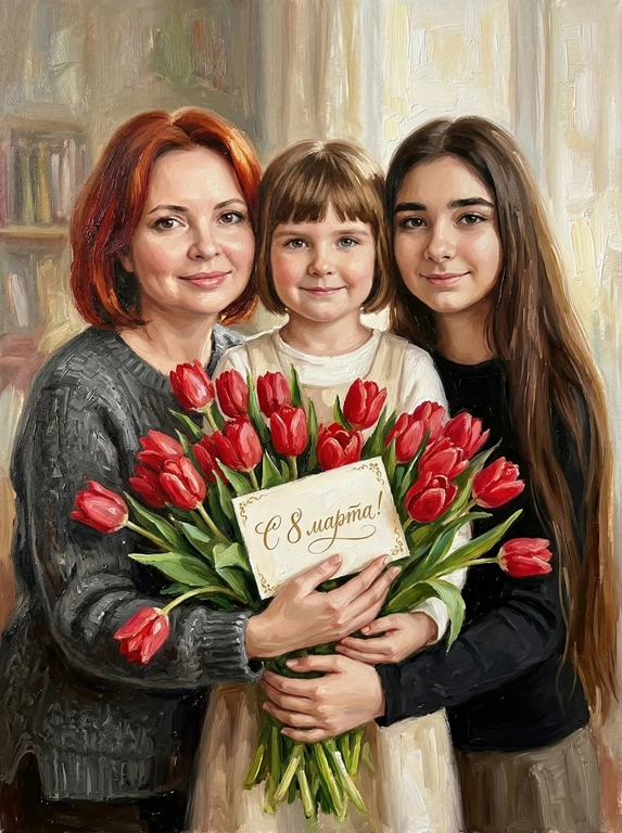 Схожесть 100%, не менять черты лица. Гиперреалистичные вертикальное изображение — точная копия персонажей с референсной фотографии. Персонажи с фотографии мягко улыбаются и обнимают огромный букет красных тюльпанов. Все персонажи одеты в нейтральную повседневную одежду без ярких деталей. Стиль: густая масляная живопись с выраженными мазками (oil painting, heavy brushstrokes). В букет вставлена открытка. На открытке каллиграфическая надпись. Мягкий солнечный свет, малая глубина резкости, создающая ощущение уюта и тепла.

Какая будет надпись?:  На открытке надпись "С 8 марта!"