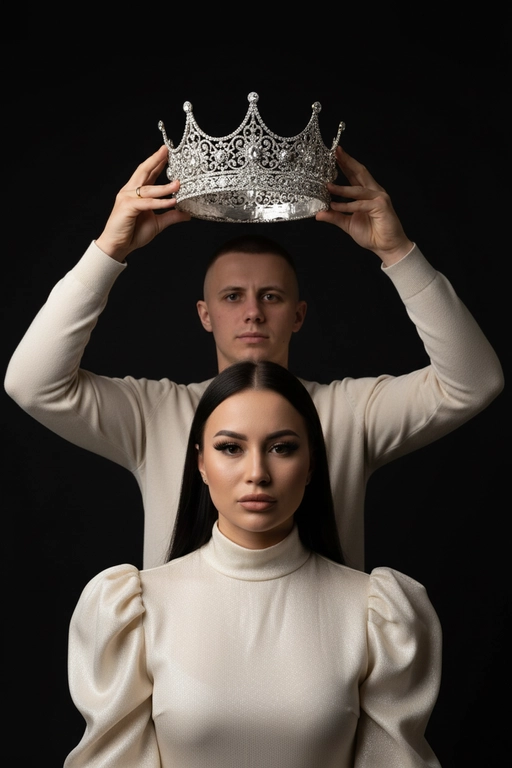 Используй эти два фото мужчины и женщины и создай драматическую и элегантную сцену- портрет . В центре композиции — молодая женщина. Она одета в блестящую светлую блузу с высоким воротом и пышными рукавами, что придаёт её образу аристократичность и утончённость. Её взгляд устремлён прямо в камеру, выражение лица серьёзное и немного отстранённое, губы слегка приоткрыты.  Ее ресницы прокрашены черной тушью.
  
Позади неё стоит мужчина. Он одет в светлую рубашку с длинными рукавами. Мужчина аккуратно держит над головой женщины искусно выполненную корону с богатым филигранным орнаментом и крупными сверкающими драгоценными камнями. Его поза и выражение лица подчёркивают торжественность момента — он выглядит сосредоточенным и серьёзным.  
  
Фон фотографии абсолютно чёрный, что создаёт сильный контраст с персонажами и подчёркивает блеск короны и одежды. Композиция кадра акцентирует внимание на символизме момента: коронация, власть, благородство и, возможно, некая драма или напряжение между персонажами. Общая атмосфера снимка — величественная, загадочная и немного театральная.  Корона цвета белого золота.