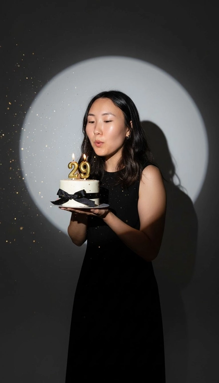 Фотореалистичный портрет женщины с точно таким же лицом, чертами, выражением и цветом волос, как на исходной фотографии - ничего не изменять. Атмосфера - день рождения: мягкий блеск свечи отражается на её лице, в воздухе лёгкие золотистые блёстки, создающие праздничное сияние. Фон темно-серый. Освещение студийное, контрастное, с кругом света на фоне, создающим выразительную тень. Волосы - волнистые, мягко подсвечены. Она немного стоит полубоком. Женщина держит в руках маленький праздничный торт, украшенным чёрными лентами и изящной цифрой из золотых свечей; Она сдувает свечу. Она одета в черное платье без рукавов. Свечки в виде цифр 29.