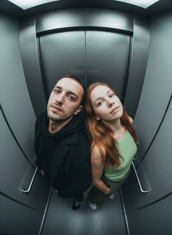 Используй предоставленные изображения и создай фото с двумя людьми в лифте с металлическими стенами. Цветовая гамма с преообладанием серых металлических оттенков. Кадр снят с максимально верхнего ракурса, люди будто заглядывают в камеру, их головы подняты наверх, взгляд в камеру. Легкий эффект fish eye. Реалистичное фото. Зернистость пленочного фото, насыщенные цвета, стиль фото y2k. Сохрани черты лица людей. Они стоят спиной друг к другу. Руки в карманах.