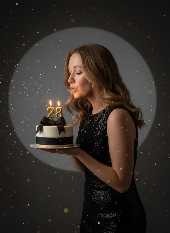 Фотореалистичный портрет женщины с точно таким же лицом, чертами, выражением и цветом волос, как на исходной фотографии - ничего не изменять. Атмосфера - день рождения: мягкий блеск свечи отражается на её лице, в воздухе лёгкие золотистые блёстки, создающие праздничное сияние. Фон темно-серый. Освещение студийное, контрастное, с кругом света на фоне, создающим выразительную тень. Волосы - волнистые, мягко подсвечены. Она немного стоит полубоком. Женщина держит в руках маленький праздничный торт, украшенным чёрными лентами и изящной цифрой из золотых свечей; Она сдувает свечу. Она одета в черное блестящее платье без рукавов. Свечки в виде цифр 28. Торт блестит.