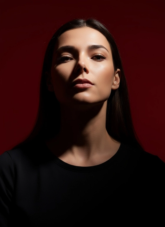 Создай портрет, используя те же черты лица (на основе загруженного фото), характеризующийся резким кинематографическим освещением и интенсивным контрастом. Снятый с немного нижнего ракурса, направленного вверх, что подчеркивает линию подбородка и шеи модели, этот портрет производит впечатление доминантности и скульптурной элегантности. Фон — глубокий, насыщенный малиново-красный, создающий яркий визуальный контраст со сияющей кожей модели и темной одеждой.