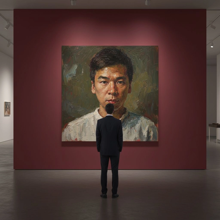 Создай сцену в галерее современного искусства, используй прилагаемое изображение лица и внешности человека, не меняя черты лица. На стене висит большой портрет человека маслом. Её лицо и верхняя часть тела написано в реалистичной, экспрессивной манере масленной живописи с текстурированными мазками и приглушенными цветами. Чистая красная стена галереи создаёт профессиональную атмосферу выставки благодаря мягкому освещению, освещающей произведения искусства. Перед картиной с видом сзади, стоит мужчина рассматривая картину, что придаёт сцену кинематографическое и таинственное настроение.
