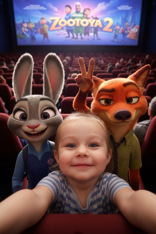 Сделайте селфи крупным планом в высоком разрешении человека [лицо на фото] с Джуди Хоппс и Ником Уайлдом из «Зверополиса 2».
Кадрирование:
Рамка для селфи плотная, лица заполняют весь кадр. Девочка в центре, Джуди с одной стороны, Ник с другой, все наклонены естественно. Слегка приподнятый угол селфи с естественным искажением на вытянутых руках.
Персонажи:
Джуди и Ник выглядят точно так же, как их оригинальные версии из фильма, но гармонично вписаны в реальную жизнь благодаря естественному освещению, реалистичным теням и глубине. Их анимированные образы соответствуют оригиналу, а их головы чётко заполняют кадр. Позирование (игривый жест «кроличьи ушки»):
Все трое наклоняются ближе с милым, весёлым настроением:
– Ник поднимает два пальца за голову девочки, изображая озорной жест «кроличьи ушки» с его фирменной лукавой, игривой ухмылкой.
– Джуди наклоняет голову с яркой, весёлой открытой улыбкой — одно ухо приподнято, другое мило повёрнуто.
– человек мило улыбается с радостным выражением лица.

Их лица складываются в дружелюбное, живое групповое селфи.
Селфи должно выглядеть так, как будто оно снято фронтальной камерой телефона человека, с ракурсом на расстоянии вытянутой руки и лёгким искажением, как при селфи с iPhone, что создаёт интимный, очаровательный кадр, не показывая телефон.
Освещение:
Тёплое рассеянное освещение перед началом фильма — мягкий свет сверху с лёгкими отблесками от большого экрана.
Фон:
Ряды кресел в кинотеатре с видимыми зрителями. На большом экране над ними — яркий кадр из мультфильма с персонажами Джуди Хоппс и Ником Уайлдом, без надписей и букв.
Важно:
Ультрареалистичное, естественная резкость и глубина, реалистичное изображение с камеры, а не цифровое или стилизованное, с чёткой детализацией кожи человека, шерсти Ника и Джуди.