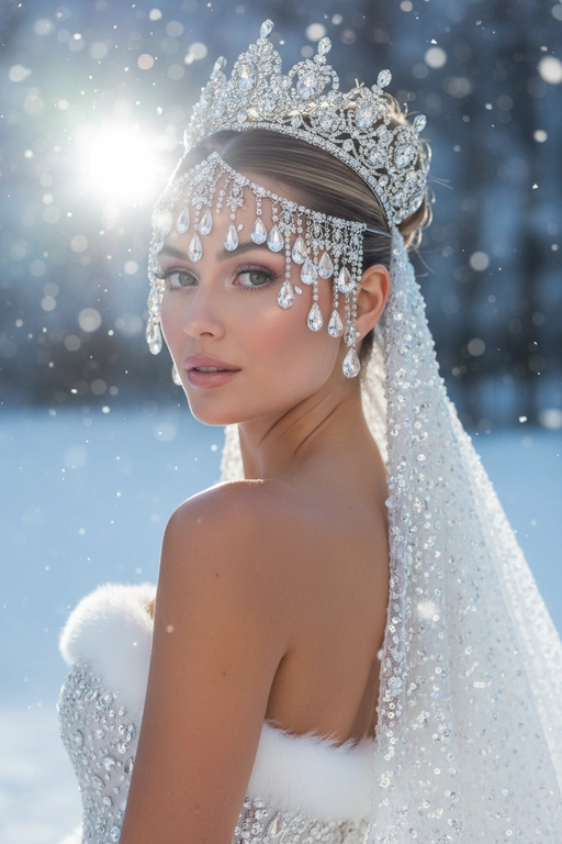 Черты лица и особенности внешности девушки должны быть точно воспроизведены с референсной фотографии. Создайте реалистичный портрет крупным планом (поза через плечо) в сверхвысоком студийном фото. Портрет женщины с аккуратными волосами и укладкой.  

**Наряд/Реквизит:** Сложнейший, тяжелый серебряный головной убор/корона со стразами, с крупными свисающими кристаллическими каплями, покрывающими лоб и виски, и подходящая, густо расшитая пайетками или стразами белая свадебная фата, закрепленная на ниже затылка. На ней белое платье без бретелек из такой же ткани, густо расшитое пайетками или стразами. По краю платья есть белая меховая окантовка. Открытые плечи, что предполагает платье без бретелек.

**Макияж:** Сияющая, чистая и увлажненная кожа. Нежные розовые тени для век, выразительные ресницы, лёгкий белый блик во внутренних уголках глаз и под ними, а также глянцевые, нежно-розовые губы. Два маленьких, светоотражающих каплевидных страза или блестящих элемента под внешним уголком каждого глаза.

Поза:** Взгляд через правое плечо в камеру мягким, но при этом пристальным и соблазнительным взглядом. Её обнажённые плечи и профиль замысловатого головного убора выделяются.

**Освещение:** Резкий, драматичный, контрастный свет сбоку/сзади (контурный свет), создающий яркий, интенсивный блик (блик объектива/эффект мерцания), который подчёркивает блеск и сверкание стразов и пайеток на слегка затенённом лице. 

**Фон:**
Зимний размытый фон со снежинками. **Камера:**
Снято на высококлассную среднеформатную камеру
(например, Hasselblad X2D 100C или Fujifilm GFX
100S) с макрообъективом 120 мм f/4, что обеспечивает исключительную четкость каждого страз, пайеток и текстуры кожи, широкий динамический диапазон и блестящий, модный редакционный результат. 

**Эффект:**
Подчеркивает исключительную роскошь, неземную красоту, резкий контраст и сверхдетализированный блеск.