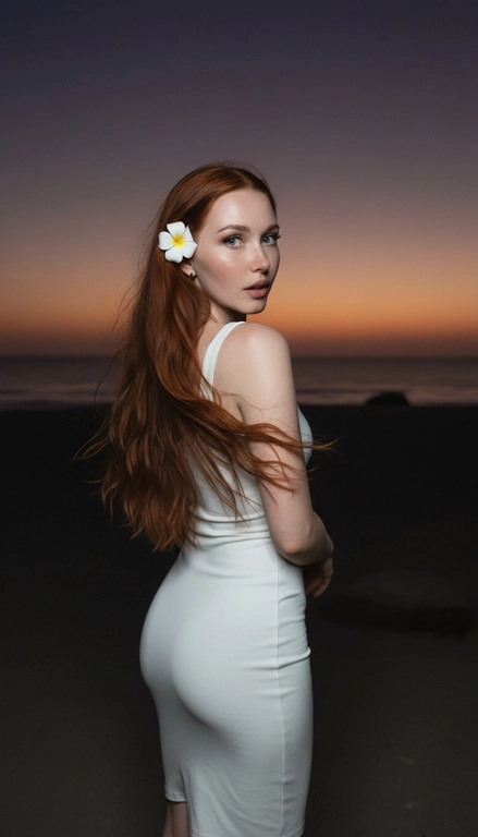 Сделай фото, будто я на пляже, где темно, но кто-то сфотографировал меня со вспышкой, и мое лицо немного блестит и светится, заднем плане закат, как будто солнце село на 98%, оставив фиолетовый оттенок, и само по себе почти темно. Фото сделано из-за моей спины, как будто  мне сказали, повернуться. Я в белом облегающем платье с цветком, заправленным в волосы. Волосы должны развеваться так, как будто дует слегка ветер.