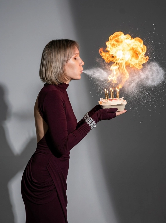 Ультрареалистичная фотография запечатлённого мгновения на день рождения. Лицевые черты, гендер, возрастная категория, мимика, укладка волос и телосложение воспроизводятся строго идентично прилагаемому референсу. Сюжет: человек запечатлён в профиль, в руках — миниатюрный белоснежный бенто-торт с горящими декоративными свечами. человек выдувает изо рта облако белой сахарной пудры в направлении пламени свечей, что провоцирует мгновенную мощную объёмную вспышку пламени (огненный шар). В воздухе над тортом — смешение огня с частицами белой пудры. Нейтральный серый студийный фон, резкая жёсткая тень. Качество 8k, эффект стоп-кадра.

Какой будет наряд?: Наряд: приталенное тёмно-бордовое платье с удлинёнными рукавами, высоким воротом-стойкой, обнажённой спиной и драпировкой в области бёдер. Украшения: крупные браслеты с кристаллами надеты поверх рукавов.